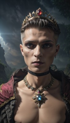 1girl,solo,looking at viewer,short hair,black hair,1boy,jewelry,closed mouth,nipples,collarbone,upper body,male focus,earrings,outdoors,open clothes,sky,choker,cloud,necklace,blurry,black eyes,lips,fur trim,blood,black choker,scar,tiara,crown,gem,portrait,pendant,injury,realistic,nose,very short hair,undercut,breasts,dress,cleavage,medium breasts,grey eyes