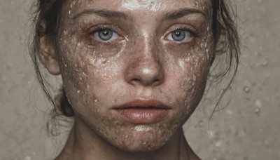 1girl,solo,looking at viewer,short hair,blue eyes,black hair,closed mouth,lips,wet,grey eyes,portrait,close-up,realistic,nose,wet hair,brown hair,1boy,male focus,parted lips,eyelashes,water drop