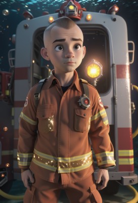 solo,brown hair,shirt,1boy,brown eyes,closed mouth,standing,jacket,male focus,pants,glowing,robot,child,mecha,clenched hands,science fiction,pocket,brown jacket,underwater,realistic,breast pocket,male child,bald,very short hair,jumpsuit,black hair,gloves,long sleeves,lips,thick eyebrows,fish,bubble,light,mohawk,pilot