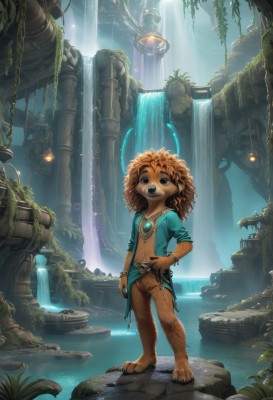 solo,open mouth,blue eyes,brown hair,1boy,navel,jewelry,standing,full body,male focus,outdoors,open clothes,barefoot,teeth,belt,dark skin,water,necklace,bracelet,bottomless,glowing,looking up,plant,scenery,furry,fantasy,furry male,vines,waterfall,moss,overgrown,1girl,long hair,looking at viewer,animal ears,nipples,tail,pussy,artist name,medium hair,flat chest,hand on hip,pubic hair,wavy hair,claws,curly hair,brown fur