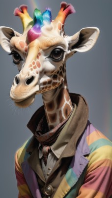 solo,looking at viewer,simple background,shirt,1boy,animal ears,brown eyes,jewelry,white shirt,upper body,male focus,striped,collared shirt,grey background,black eyes,vest,gradient,mask,animal,multicolored clothes,furry,antlers,furry male,rainbow,colorful,multicolored hair,necktie,no humans,feathers,deer,rainbow hair