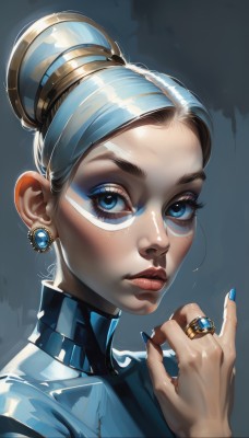 1girl,solo,looking at viewer,blue eyes,jewelry,blue hair,multicolored hair,earrings,parted lips,hair bun,nail polish,two-tone hair,lips,fingernails,eyelashes,makeup,single hair bun,ring,lipstick,portrait,eyeshadow,blue nails,nose,mascara,blue eyeshadow,short hair,blonde hair,simple background,brown hair,closed mouth,upper body,shiny,artist name,hand up,signature,grey background,streaked hair,turtleneck,thick eyebrows,gem,long fingernails,realistic,eyeliner