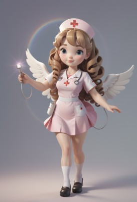 1girl,solo,long hair,breasts,looking at viewer,smile,blue eyes,blonde hair,simple background,brown hair,hat,dress,holding,standing,full body,short sleeves,small breasts,wings,shoes,socks,grey background,black footwear,lips,kneehighs,shadow,drill hair,cross,white socks,pink dress,feathered wings,lens flare,curly hair,angel wings,nurse cap,white wings,angel,nurse,ringlets,stethoscope,red cross,blush,blue background,syringe