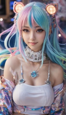 1girl,solo,long hair,breasts,looking at viewer,smile,bangs,large breasts,hair ornament,cleavage,bare shoulders,brown eyes,jewelry,medium breasts,closed mouth,blue hair,collarbone,upper body,pink hair,multicolored hair,earrings,choker,necklace,off shoulder,blurry,two-tone hair,lips,grey eyes,aqua hair,makeup,blurry background,gem,realistic,collar,eyelashes,detached collar,nose