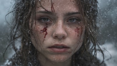 1girl,solo,long hair,looking at viewer,brown hair,black hair,brown eyes,outdoors,parted lips,teeth,blurry,lips,grey eyes,eyelashes,blood,messy hair,portrait,snow,close-up,injury,blood on face,snowing,realistic,nose,bangs,green eyes,depth of field,blurry background,freckles