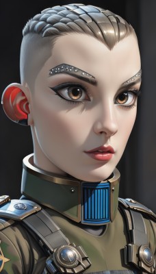 1girl,solo,looking at viewer,short hair,brown hair,brown eyes,braid,grey hair,parted lips,uniform,lips,military,eyelashes,military uniform,makeup,black background,portrait,eyeshadow,nose,red lips,hair behind ear,animification,undercut,forehead,very short hair,badge,medal