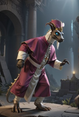 solo,looking at viewer,blue eyes,long sleeves,1boy,hat,closed mouth,standing,tail,full body,male focus,outdoors,horns,necklace,no humans,capelet,glowing,cross,glowing eyes,claws,furry,robe,candle,scales,furry male,ruins,pillar,jewelry,belt,dragon tail,cross necklace,lizard