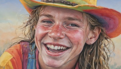 solo,long hair,looking at viewer,smile,open mouth,brown hair,shirt,1boy,hat,:d,male focus,sky,teeth,black eyes,grey eyes,traditional media,portrait,realistic,painting (medium),cowboy hat,blue eyes,blonde hair,outdoors,day,grin,lips,nose