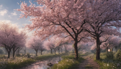 flower, outdoors, sky, day, cloud, tree, blue sky, dutch angle, no humans, grass, cherry blossoms, scenery, road, path