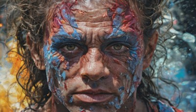 solo,long hair,looking at viewer,brown hair,black hair,1boy,brown eyes,closed mouth,green eyes,male focus,blurry,lips,eyelashes,blood,depth of field,blurry background,scar,messy hair,portrait,close-up,injury,blood on face,realistic,yellow eyes,teeth,veins