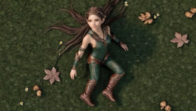 1girl,solo,long hair,smile,brown hair,bare shoulders,brown eyes,weapon,flower,boots,pointy ears,from above,grass,dandelion,blue eyes,bodysuit,leaf