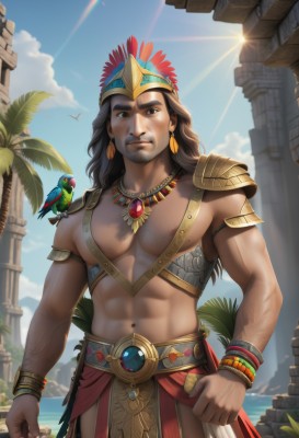 solo,long hair,looking at viewer,smile,brown hair,black hair,1boy,navel,brown eyes,jewelry,closed mouth,nipples,standing,male focus,cowboy shot,earrings,outdoors,sky,day,belt,artist name,cloud,dark skin,water,necklace,stomach,armor,bracelet,tree,blue sky,muscular,facial hair,bird,ocean,animal,watermark,abs,sunlight,thick eyebrows,feathers,crown,pectorals,muscular male,shoulder armor,gem,clenched hand,bara,pelvic curtain,beard,lens flare,armlet,clenched hands,large pectorals,pauldrons,topless male,mature male,realistic,palm tree,arms at sides,sun,bare pectorals,chest hair,loincloth,pillar,animal on shoulder,eagle,bird on shoulder,parrot,blurry,dark-skinned male,helmet,veins,manly,navel hair,arm hair