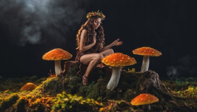 1girl,solo,long hair,brown hair,bare shoulders,sitting,flower,dark skin,dark-skinned female,sandals,nature,curly hair,head wreath,mushroom,skirt,black hair,jewelry,outdoors,sky,barefoot,cloud,necklace,blurry,grass,crown,rock,realistic,dark,wide shot,moss,tribal