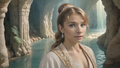 1girl,solo,long hair,breasts,looking at viewer,smile,blue eyes,blonde hair,brown hair,cleavage,jewelry,closed mouth,upper body,ponytail,earrings,water,hair bun,lips,single hair bun,realistic,pillar,waterfall,statue,column,bangs,collarbone,outdoors,blurry,gem,portrait