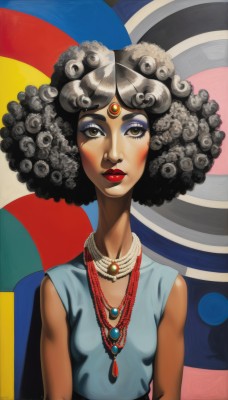 1girl,solo,breasts,looking at viewer,black hair,brown eyes,jewelry,upper body,small breasts,sleeveless,dark skin,necklace,dark-skinned female,lips,makeup,lipstick,gem,curly hair,big hair,forehead jewel,afro,blush,dress,grey hair,eyelashes,eyeshadow,facepaint