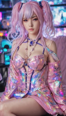 1girl,solo,long hair,breasts,looking at viewer,bangs,large breasts,dress,cleavage,bare shoulders,twintails,jewelry,medium breasts,sitting,underwear,purple eyes,pink hair,parted lips,detached sleeves,necklace,blurry,two side up,lips,blurry background,realistic,thighs,artist name,watermark,short dress,gem