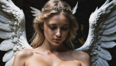 1girl,solo,long hair,blonde hair,hair ornament,bare shoulders,closed mouth,collarbone,closed eyes,upper body,nude,parted lips,wings,blurry,lips,eyelashes,tiara,feathers,portrait,feathered wings,angel wings,realistic,nose,white wings,angel,head wreath,breasts,simple background,black background,head wings