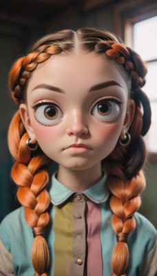 1girl,solo,long hair,looking at viewer,blush,brown hair,shirt,brown eyes,jewelry,closed mouth,upper body,braid,multicolored hair,earrings,collared shirt,artist name,indoors,orange hair,blurry,twin braids,lips,eyelashes,window,depth of field,blurry background,thick eyebrows,child,hair over shoulder,forehead,freckles,hoop earrings,nose,female child,braided bangs,multiple braids,cardigan,blue shirt,realistic