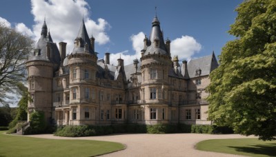 outdoors,sky,day,cloud,tree,blue sky,no humans,window,cloudy sky,grass,building,nature,scenery,forest,road,bush,house,castle,tower,path,fantasy,arch