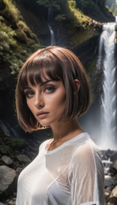 1girl,solo,breasts,looking at viewer,short hair,bangs,brown hair,shirt,brown eyes,jewelry,closed mouth,underwear,white shirt,upper body,short sleeves,earrings,small breasts,outdoors,parted lips,day,artist name,water,bra,blurry,tree,lips,wet,see-through,blurry background,watermark,bob cut,wet clothes,nature,freckles,rock,realistic,nose,waterfall,medium breasts,collarbone,signature,blunt bangs,from side,eyelashes,sunlight,white bra