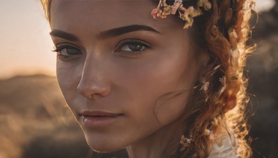 1girl,solo,long hair,looking at viewer,brown hair,hair ornament,brown eyes,jewelry,closed mouth,flower,earrings,outdoors,hair flower,dark skin,blurry,dark-skinned female,lips,eyelashes,depth of field,blurry background,portrait,close-up,freckles,curly hair,realistic,nose,light smile