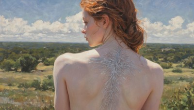 1girl,solo,long hair,brown hair,bare shoulders,upper body,nude,outdoors,parted lips,wings,sky,day,looking back,cloud,from behind,mole,tree,blue sky,lips,back,cloudy sky,nature,scenery,forest,realistic,bare back,landscape,hill,back focus,looking away,back tattoo