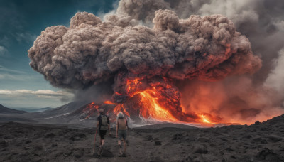 multiple boys, sky, shorts, cloud, 2boys, glowing, fire, scenery, monster, molten rock