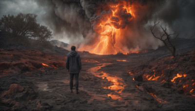 solo, black hair, 1boy, standing, male focus, outdoors, sky, pants, cloud, hood, from behind, tree, hoodie, hood down, cloudy sky, fire, nature, scenery, smoke, rock, mountain, burning, molten rock