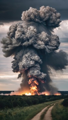 outdoors,sky,day,cloud,tree,no humans,cloudy sky,grass,fire,ground vehicle,nature,scenery,motor vehicle,smoke,monster,mountain,road,giant,explosion,landscape,hill,burning