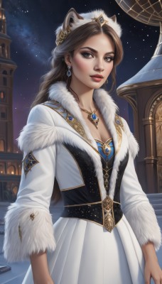 1girl,solo,long hair,breasts,looking at viewer,brown hair,long sleeves,dress,animal ears,cleavage,brown eyes,jewelry,medium breasts,cowboy shot,earrings,outdoors,sky,necklace,white dress,lips,coat,fur trim,makeup,night,tiara,crown,building,gem,star (sky),night sky,pendant,starry sky,gold trim,realistic,nose,white coat,red lips,standing,artist name