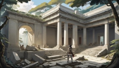 long hair,black hair,gloves,1boy,holding,standing,ponytail,weapon,male focus,boots,outdoors,multiple boys,sky,day,pants,sword,cloud,from behind,holding weapon,tree,blue sky,polearm,building,scenery,walking,stairs,architecture,ruins,east asian architecture,pillar,statue,1girl,armor,holding sword,sunlight,plant,sheath,6+boys,sheathed,rock