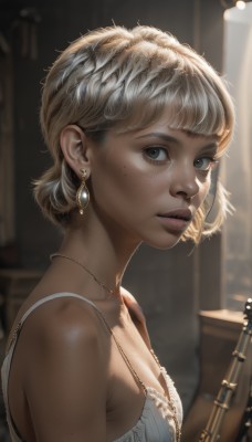 1girl,solo,breasts,looking at viewer,short hair,bangs,blonde hair,dress,cleavage,bare shoulders,jewelry,medium breasts,underwear,upper body,earrings,small breasts,parted lips,artist name,indoors,dark skin,necklace,bra,mole,blurry,from side,dark-skinned female,lips,grey eyes,eyelashes,mole under eye,depth of field,blurry background,instrument,camisole,freckles,white bra,realistic,nose,spaghetti strap,closed mouth