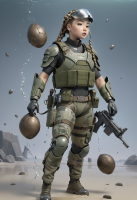 1girl,solo,long hair,brown hair,shirt,gloves,holding,brown eyes,standing,full body,weapon,braid,boots,parted lips,belt,pants,water,holding weapon,armor,uniform,vest,twin braids,lips,gun,military,single braid,military uniform,helmet,goggles,holding gun,rifle,handgun,ball,pouch,realistic,assault rifle,knee pads,camouflage,explosive,elbow pads,grenade,soldier,tactical clothes,load bearing vest,combat boots,bulletproof vest,camouflage pants,body armor,goggles on head,rock,submachine gun