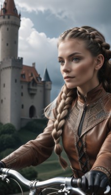 1girl,solo,long hair,smile,blue eyes,brown hair,gloves,long sleeves,jacket,upper body,braid,outdoors,sky,day,black gloves,artist name,cloud,blurry,blue sky,lips,looking to the side,single braid,blurry background,ground vehicle,building,hair over shoulder,realistic,nose,castle,bicycle,tower,sunlight,cloudy sky,zipper,riding