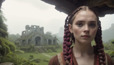 1girl,solo,long hair,looking at viewer,brown hair,closed mouth,collarbone,upper body,braid,multicolored hair,outdoors,day,twin braids,two-tone hair,tree,lips,grey eyes,grass,plant,building,portrait,scenery,forehead,freckles,stairs,realistic,nose,ruins,moss,overgrown,multiple braids,brown eyes,sky,sunlight,nature,architecture