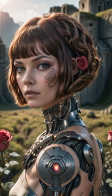 1girl,solo,breasts,looking at viewer,short hair,bangs,brown hair,hair ornament,brown eyes,upper body,flower,small breasts,outdoors,parted lips,day,hair flower,blurry,from side,lips,eyelashes,tattoo,makeup,depth of field,blurry background,rose,facial mark,sunlight,robot,red flower,building,freckles,science fiction,realistic,nose,sun,android,joints,cyborg,robot joints,sky,teeth,cloud,blunt bangs,portrait,red rose,facepaint