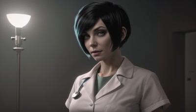 1girl,solo,looking at viewer,smile,short hair,bangs,shirt,black hair,brown eyes,upper body,short sleeves,parted lips,collared shirt,artist name,mole,lips,eyelashes,mole under eye,swept bangs,watermark,freckles,realistic,nose,green shirt,nurse,stethoscope,doctor,jewelry,earrings,makeup,lipstick,web address,labcoat,eyeliner