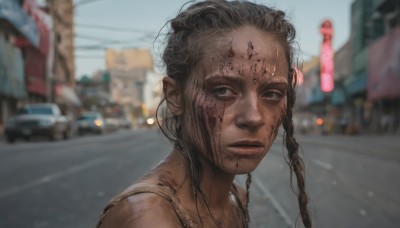 1girl,solo,looking at viewer,brown hair,black hair,jewelry,upper body,braid,outdoors,parted lips,day,dark skin,blurry,black eyes,twin braids,dark-skinned female,lips,looking to the side,blood,depth of field,blurry background,tank top,ground vehicle,building,messy hair,portrait,motor vehicle,freckles,blood on face,realistic,car,road,dirty,street,very dark skin,traffic light,long hair,brown eyes,closed mouth,sky,photo background,dirty face