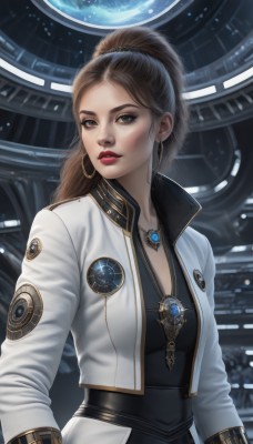 1girl,solo,long hair,breasts,looking at viewer,brown hair,long sleeves,dress,brown eyes,jewelry,jacket,upper body,ponytail,earrings,parted lips,open clothes,belt,necklace,lips,makeup,white jacket,lipstick,pendant,science fiction,hoop earrings,realistic,nose,red lips,space,planet,open jacket,gem,cropped jacket,emblem