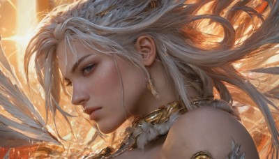 1girl,solo,long hair,looking at viewer,blue eyes,hair ornament,bare shoulders,jewelry,closed mouth,white hair,earrings,artist name,necklace,collar,from side,lips,grey eyes,eyelashes,profile,floating hair,feathers,wind,portrait,close-up,armlet,freckles,realistic,nose,parted lips,wings,gold