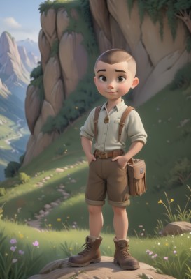 solo,looking at viewer,smile,short hair,brown hair,shirt,1boy,brown eyes,closed mouth,standing,full body,white shirt,flower,male focus,boots,outdoors,sky,shorts,day,collared shirt,belt,bag,tree,brown footwear,suspenders,grass,child,nature,rock,mountain,hands in pockets,ankle boots,male child,very short hair,brown shorts,black hair,artist name,thick eyebrows,brown belt,cliff