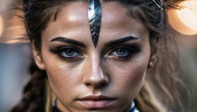 1girl,solo,long hair,looking at viewer,brown hair,brown eyes,jewelry,closed mouth,braid,earrings,dark skin,mole,blurry,dark-skinned female,lips,eyelashes,depth of field,blurry background,gem,portrait,close-up,freckles,reflection,realistic,nose,straight-on,black hair,yellow eyes,horns,facial mark,serious