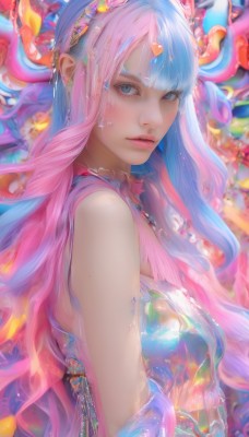 1girl,solo,long hair,breasts,looking at viewer,bangs,blue eyes,hair ornament,dress,bare shoulders,jewelry,medium breasts,closed mouth,blue hair,upper body,pink hair,heart,multicolored hair,horns,sleeveless,choker,blunt bangs,blurry,from side,two-tone hair,lips,eyelashes,makeup,wavy hair,lipstick,eyeshadow,pink lips,realistic,nose,heart hair ornament,colorful,parted lips,artist name,mole,gradient hair,watermark