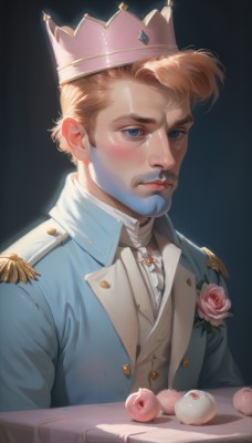 solo,looking at viewer,blush,short hair,blue eyes,blonde hair,simple background,brown hair,shirt,1boy,closed mouth,jacket,white shirt,upper body,flower,male focus,food,uniform,lips,ascot,buttons,fruit,rose,facial hair,formal,table,crown,blue jacket,black background,gem,pink flower,epaulettes,realistic,nose,mustache,pink rose,artist name,plate,tray,hair behind ear