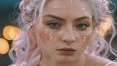 1girl,solo,long hair,looking at viewer,blue eyes,jewelry,green eyes,white hair,earrings,parted lips,blurry,lips,eyelashes,depth of field,wavy hair,portrait,close-up,freckles,realistic,nose,bokeh,closed mouth,artist name,star (symbol),blurry background