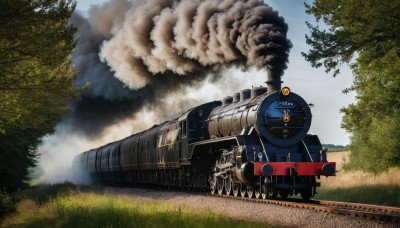 outdoors,sky,day,cloud,tree,military,no humans,grass,ground vehicle,nature,motor vehicle,forest,smoke,cannon,military vehicle,tank,vehicle focus,caterpillar tracks,world war ii,multiple boys,2boys,train