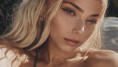 1girl,solo,long hair,looking at viewer,blonde hair,brown eyes,jewelry,earrings,parted lips,blurry,lips,grey eyes,eyelashes,blurry background,portrait,close-up,freckles,realistic,nose,bare shoulders,collarbone,mole