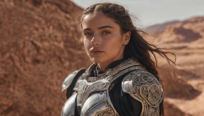 1girl,solo,long hair,looking at viewer,brown hair,black hair,brown eyes,closed mouth,upper body,outdoors,armor,blurry,lips,blurry background,shoulder armor,freckles,pauldrons,breastplate,realistic,chainmail,parted lips,day,sunlight,wind,desert