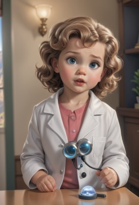 1girl,solo,looking at viewer,short hair,blue eyes,blonde hair,brown hair,shirt,long sleeves,jacket,upper body,parted lips,indoors,medium hair,blurry,lips,coat,buttons,blurry background,table,plant,goggles,red shirt,child,freckles,reflection,curly hair,pink shirt,realistic,labcoat,white coat,female child,lamp,blush,open mouth,nose,stethoscope