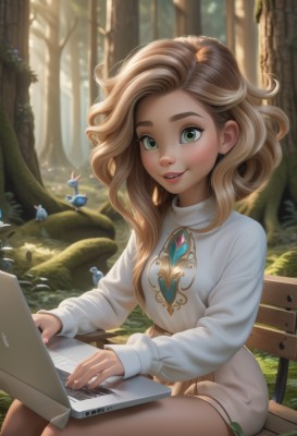 1girl,solo,long hair,breasts,blush,smile,blonde hair,long sleeves,dress,jewelry,sitting,green eyes,outdoors,parted lips,teeth,day,artist name,white dress,tree,lips,bird,thick eyebrows,grass,gem,instrument,nature,forest,freckles,curly hair,bench,computer,laptop,looking at viewer,brown hair,leaf,watermark,sunlight,web address,realistic,nose,frog